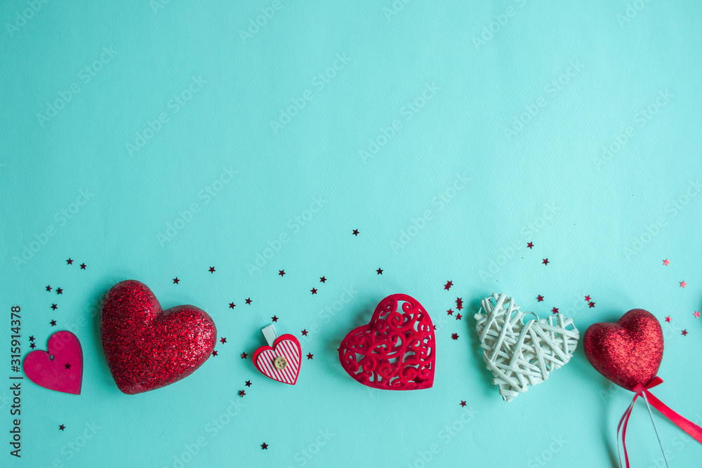 Valentines Day background. Red heart, gift box, ribbon shaped as heart - obrazy, fototapety, plakaty 