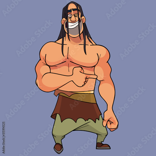 cartoon muscular cheerful long haired man with a naked torso