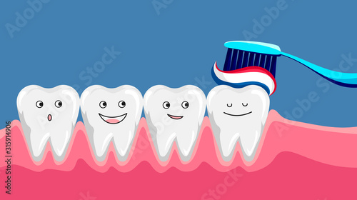 Cute happy smiling tooth with toothbrush and toothpaste. Brushing clean teeth. Dental kids care. Vector modern flat style cartoon character illustration