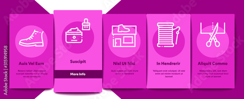 Shoe Repair Equipment Onboarding Mobile App Page Screen Vector. Shoes Repair Tools And Scissors, Sewing Machine And Hammer, Cream And Brush Concept Linear Pictograms. Color Contour Illustrations