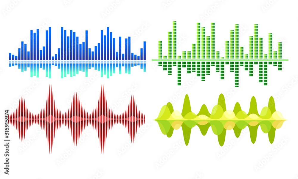 Sound Frequency Waves Vector Set. Audio Equalizer Sound in Various Shapes and Colors