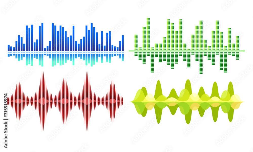 Sound Frequency Waves Vector Set. Audio Equalizer Sound in Various Shapes and Colors Sound Frequency Waves Vector Set. Audio Equalizer Sound in Various Shapes and Colors