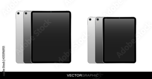 Layout of a personal tablet with a turned off screen. Realistic template. Front and back views. Isolated vector objects	