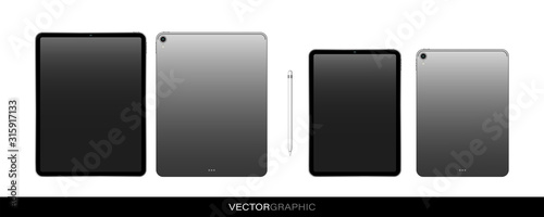 Layout of a personal tablet with a turned off screen. Realistic template. Front and back views. Isolated vector objects	
