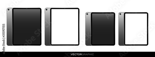 Layout of a personal tablet with a turned off and blank screen. Realistic template. Front and back views. Isolated vector objects.