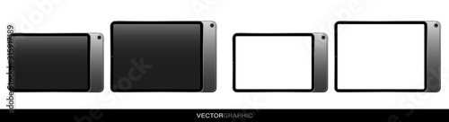 Layout of a personal tablet with a turned off and blank screen. Realistic template. Front and back views. Isolated vector objects.