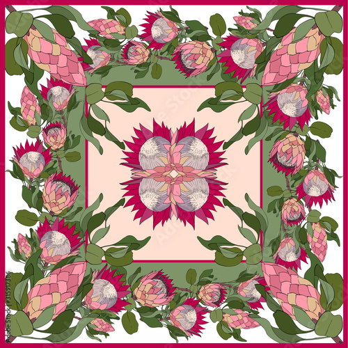 Colorful silk scarf with flowering proteas.