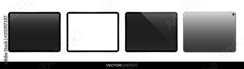 Layout of a personal tablet with a turned off and blank screen. Realistic template. Front and back views. Isolated vector objects.