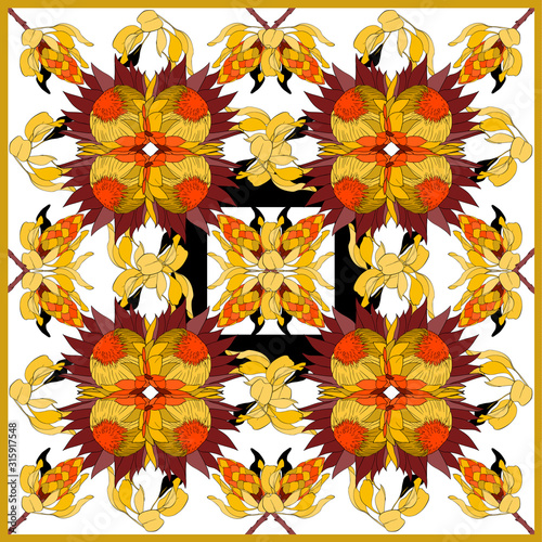 Colorful silk scarf with flowering proteas.