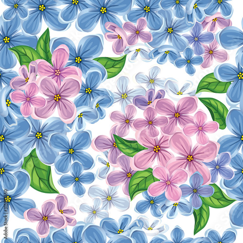 Beautiful background with drawn blue and pink flowers. Seamless illustration  suitable for textiles and Wallpapers. Design pattern. Blooming lilac. Spring garden. Vector.
