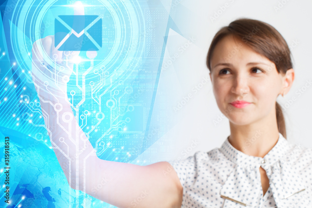 Business, Technology, Internet and network concept. Young businessman working on a virtual screen of the future and sees the inscription: Business, Technology, Internet and network concept. Young businessman working on a virtual screen of the future and sees the inscription: