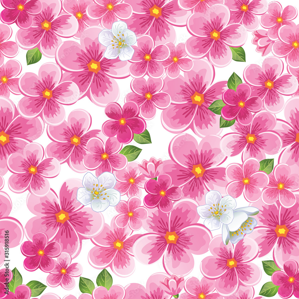 Beautiful background with drawn pink flowers. Seamless illustration, suitable for textiles and Wallpapers. Design pattern. Cherry blossom or Sakura. Spring garden. Vector.