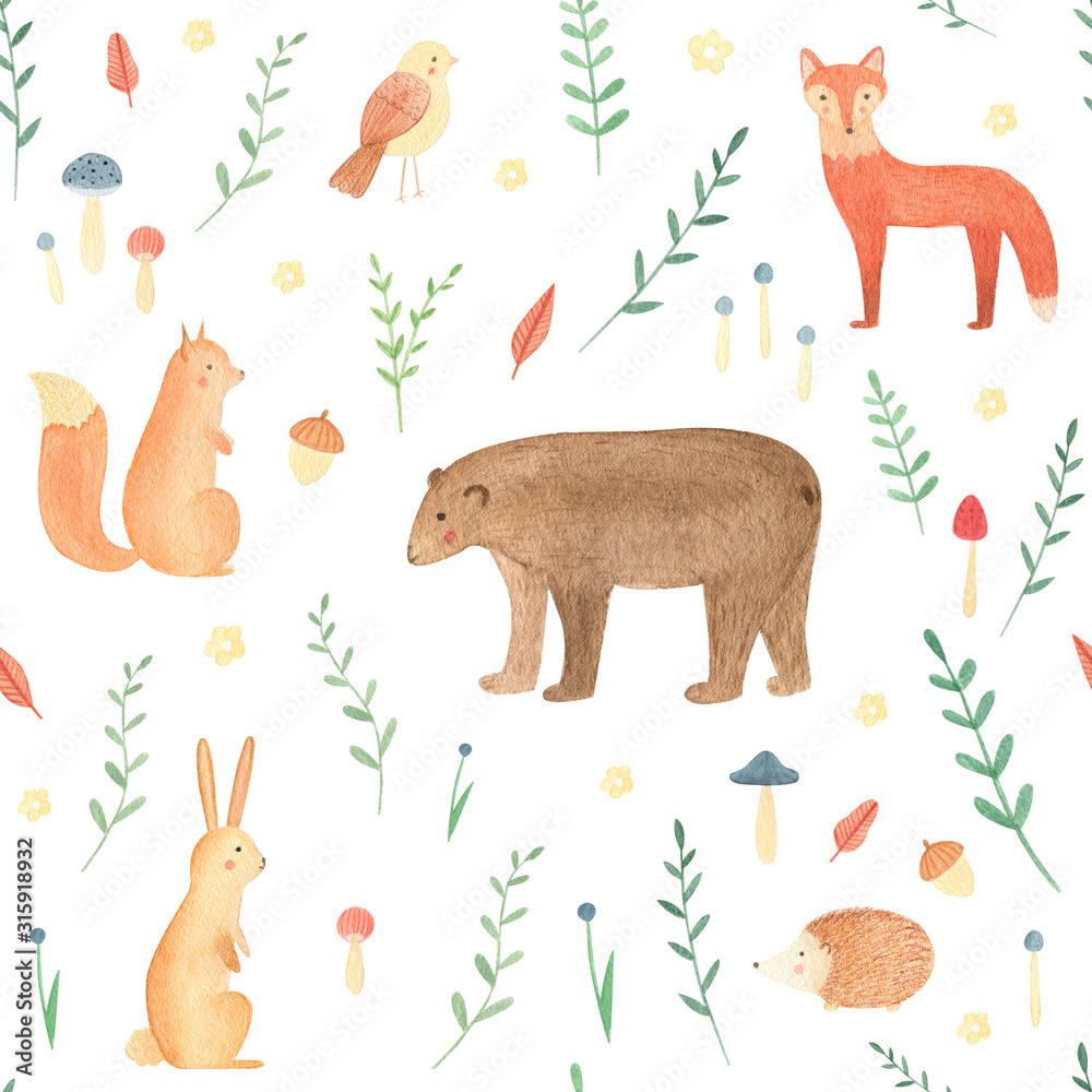 Woodland seamless pattern with watercolor hand drawn animals. Cute fox, squirrel, bear, rabbit with forest leaves and mushrooms on white background. Perfect summer print for kids, infants, nursery. Woodland seamless pattern with watercolor hand drawn animals. Cute fox, squirrel, bear, rabbit with forest leaves and mushrooms on white background. Perfect summer print for kids, infants, nursery.