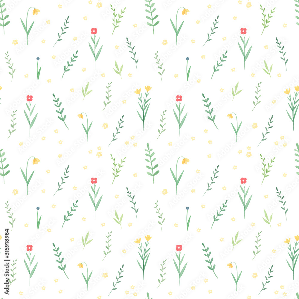 Green summer leaves seamless pattern. Hand drawn watercolor  leaves and flowers on white background. Perfect for textile, fabric, print. Summer vintage design. 