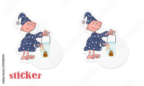 Cartoon character suffering from sleepwalking holds a makeshift lamp in his hand. Vector illustration in the form of a sticker.