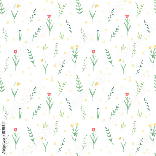 Green summer leaves seamless pattern. Hand drawn watercolor leaves and flowers on white background. Perfect for textile, fabric, print. Summer vintage design. 
