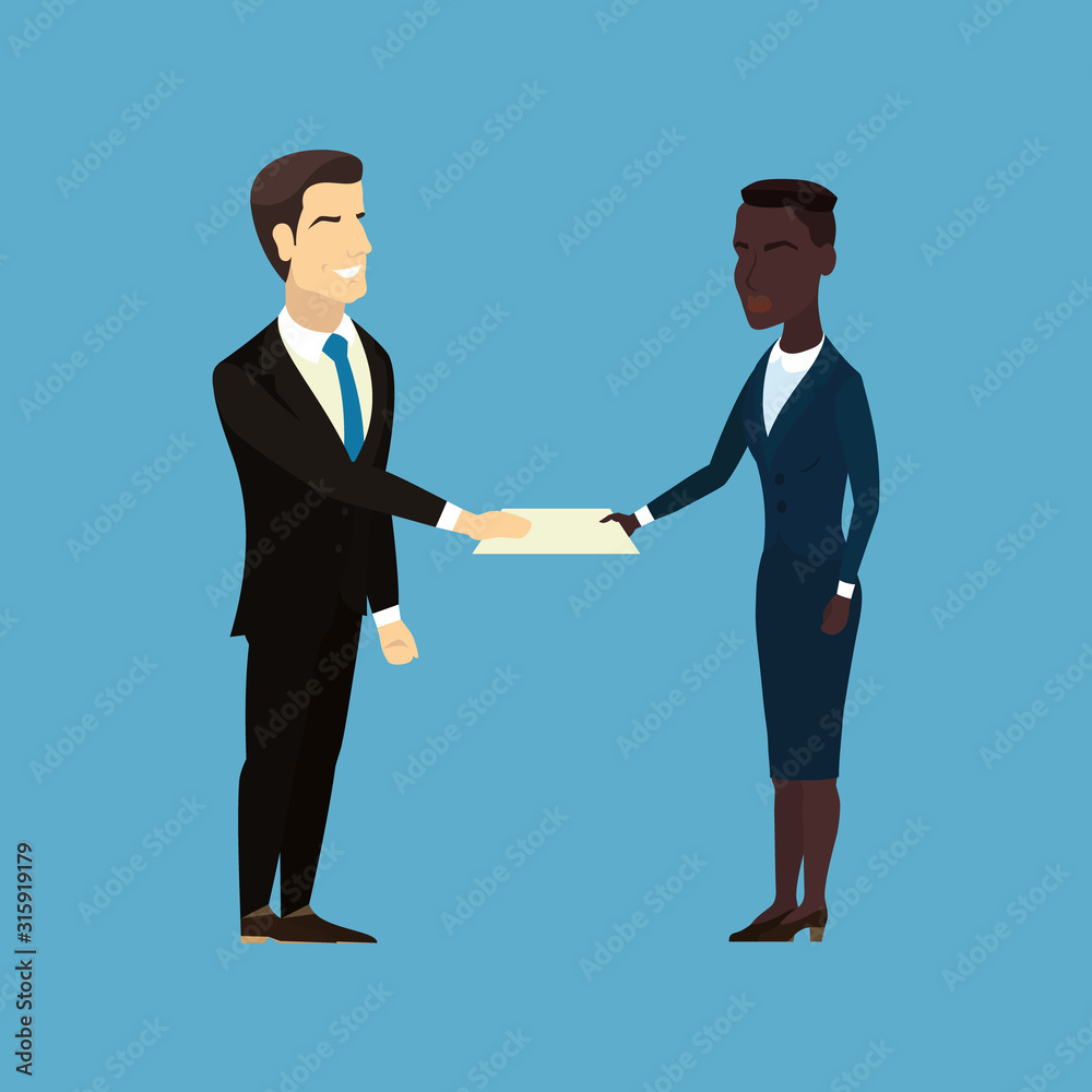 Flat vector Illustration Isolated on blue background. Smiling businessman and smart businesswoman holding a document. Agreement. International unity. Successful signed contract. Partnership. Flat vector Illustration Isolated on blue background. Smiling businessman and smart businesswoman holding a document. Agreement. International unity. Successful signed contract. Partnership.