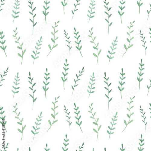 Fototapeta Naklejka Na Ścianę i Meble -  Green summer leaves seamless pattern. Hand drawn watercolor  leaves on white background. Perfect for textile, fabric, print. Summer vintage design. 