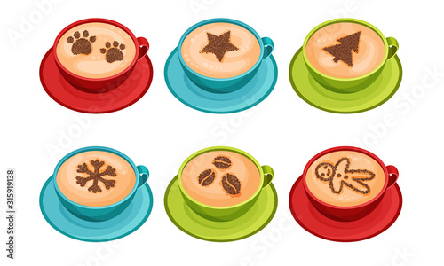 Cups of Coffee with Latte Art on Top Vector Set