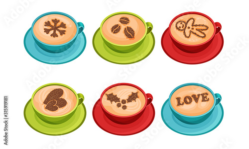 Cups of Coffee with Latte Art on Top Vector Set