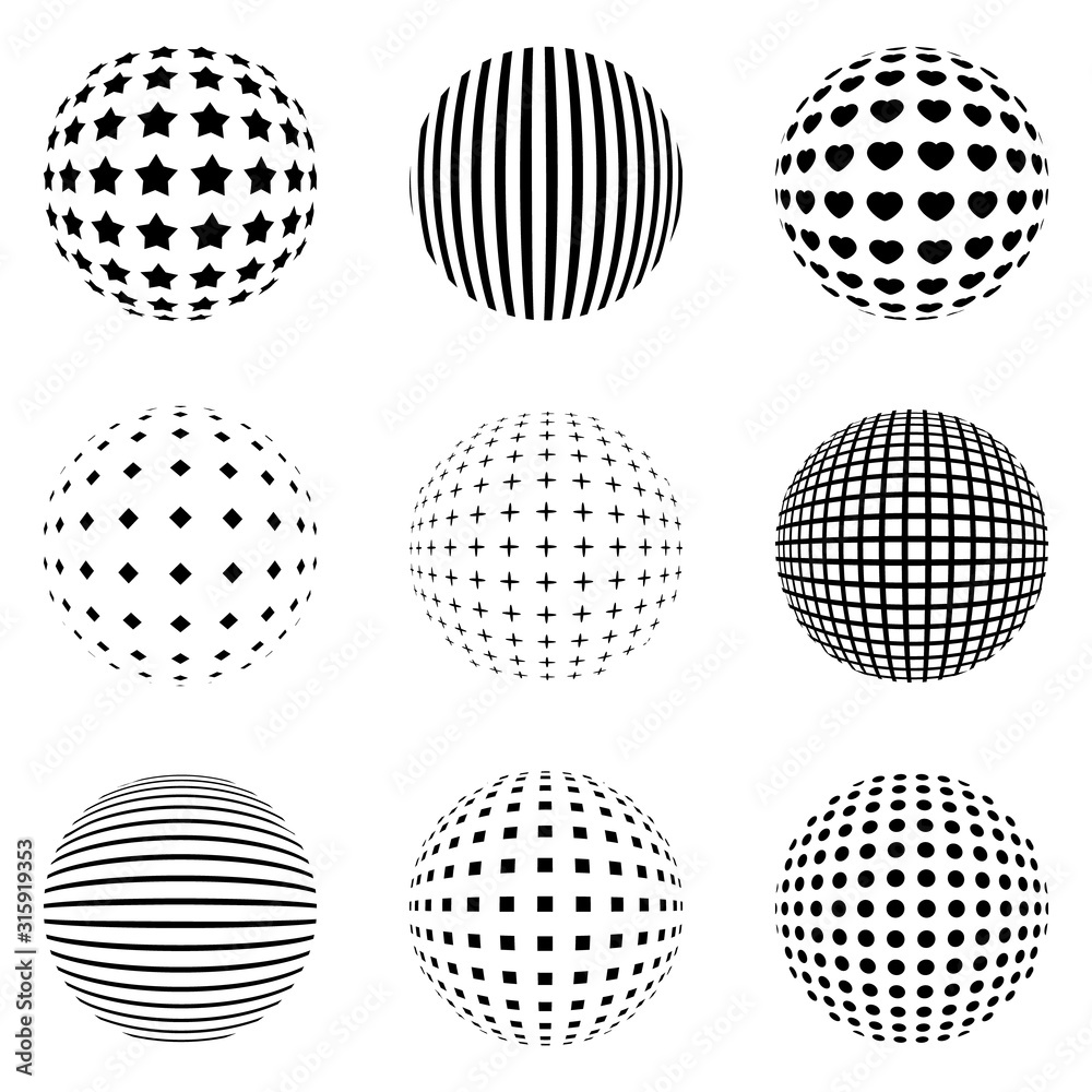 Set of geometric shapes. black and white spheres isolated. Stylish emblems. Vector geometric figures for web design. 
