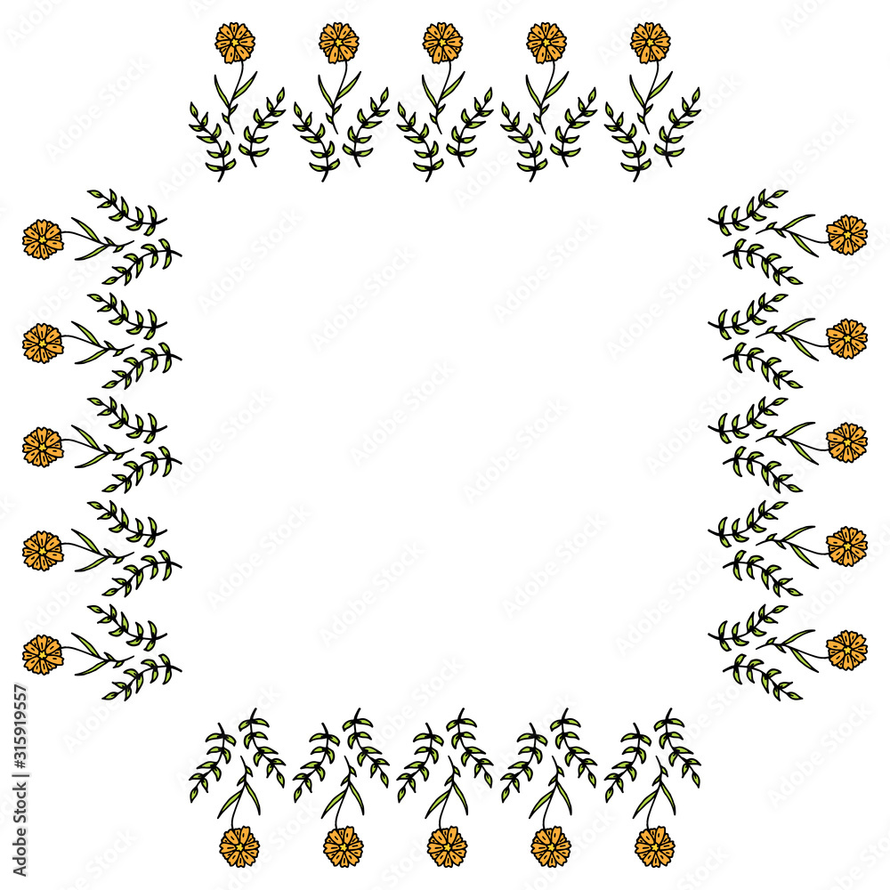 Square frame with vertical orange flowers and green branches. Isolated frame on white background. Square frame with vertical orange flowers and green branches. Isolated frame on white background.