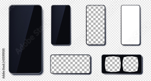 Set of realistic smartphone mockup set. Mobile phone black, white, transparent, virtual reality screen with transparent background screen design. Modern digital device template. Cellphone display fron