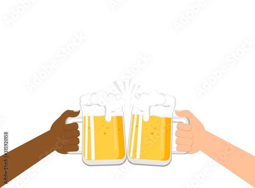 Hands holding beer mug cheers and clinking beer glasses.