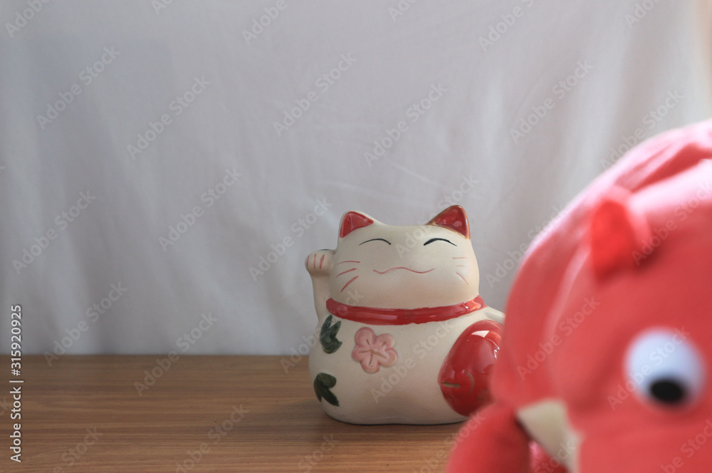 Japanese lucky cat doll and white background