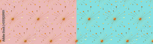 Vector seamless patterns with abstract golden sun on blue and pink backgrounds. Simple and beautiful texture for holidays and celebrations. Lovely and romantic set of endless patterns.