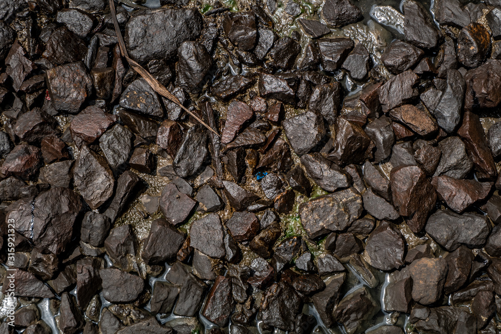 Ballast stone gravel soaked with engine oil in the railroad tracks.