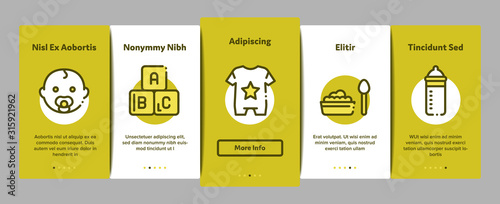 Baby Clothes And Tools Onboarding Mobile App Page Screen Vector. Baby And Pregnancy Woman, Stroller And Diaper, Toys And Nipple Concept Linear Pictograms. Color Contour Illustrations