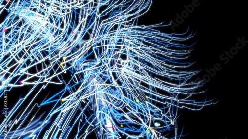Neon glowing twisted cosmic blue tint lines on the surface of the planet. Beautiful swirls, bright turbulence curls flow colorful motion Dreamscape. Fluid and smooth astronomy vortex structure. 3d