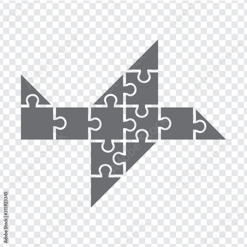 Simple icon polygonal puzzle in gray. Simple icon polygonal puzzle of thirteen elements on transparent background. Concept Puzzle of Plane. Vector illustration EPS10.