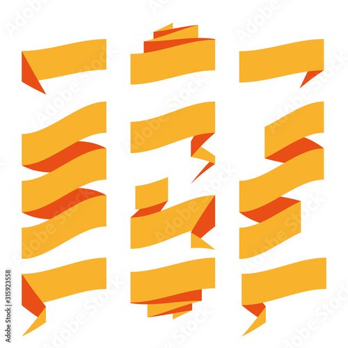 Folded ribbon banner set. Collection of orange label templates. Vector illustration