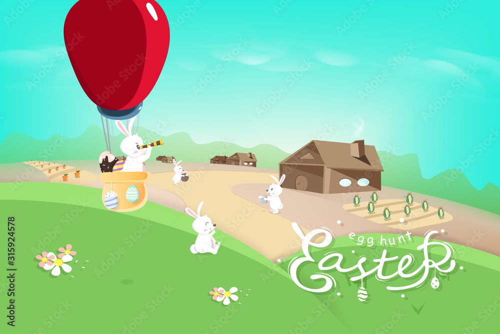 Easter holiday, bunny cartoon village, egg hunt poster calligraphy, landscape sky scene, tale story vector background illustration