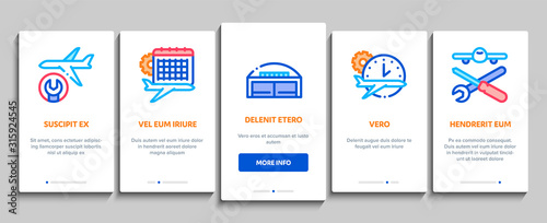 Aircraft Repair Tool Onboarding Mobile App Page Screen Vector. Aircraft Engine And Chassis, Helicopter And Airplane, Master And Hangar Concept Linear Pictograms. Color Contour Illustrations
