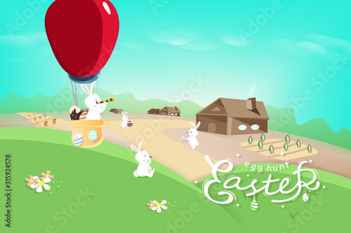 Easter holiday, bunny cartoon village, egg hunt poster calligraphy, landscape sky scene, tale story vector background illustration