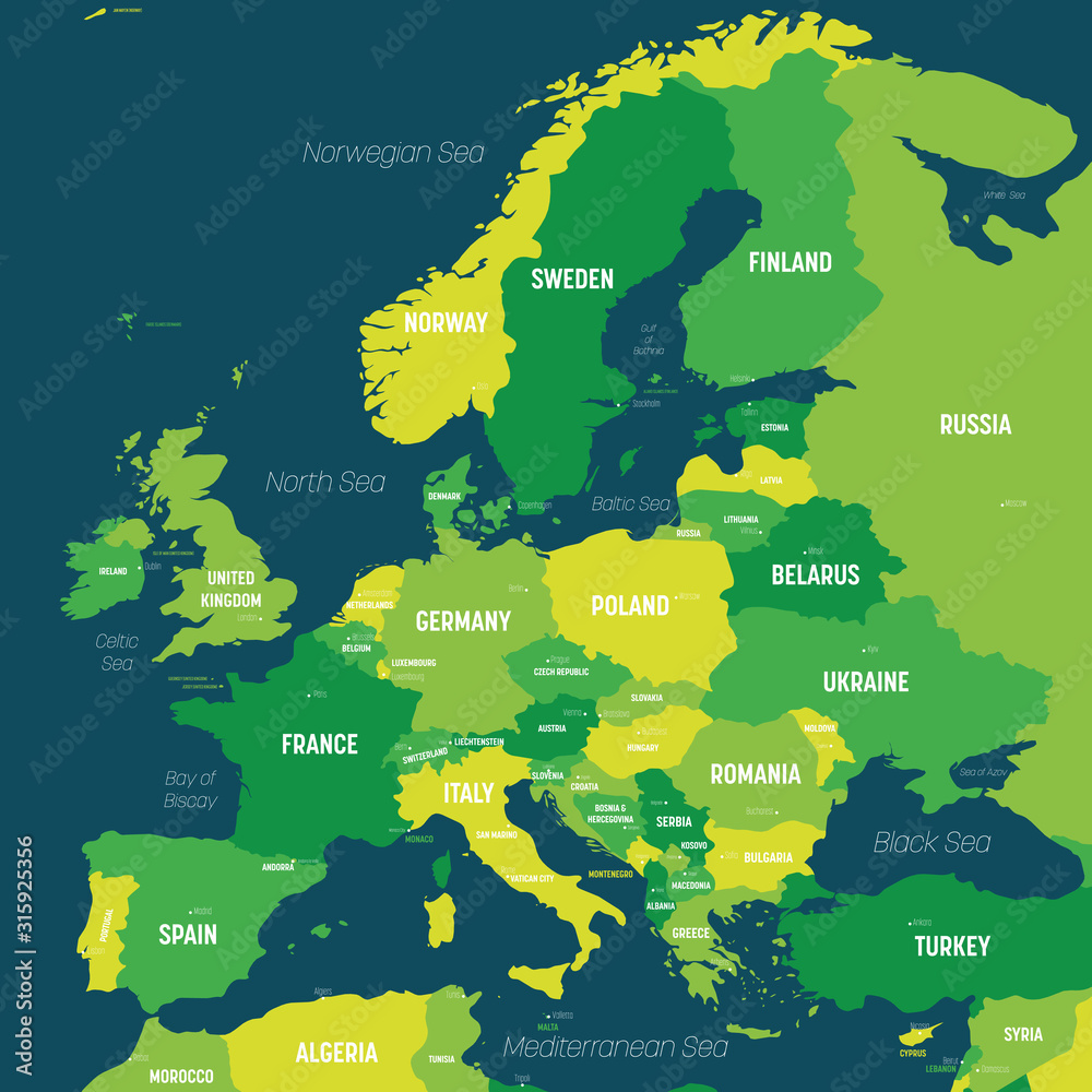 Europe map green hue colored on dark background. High detailed