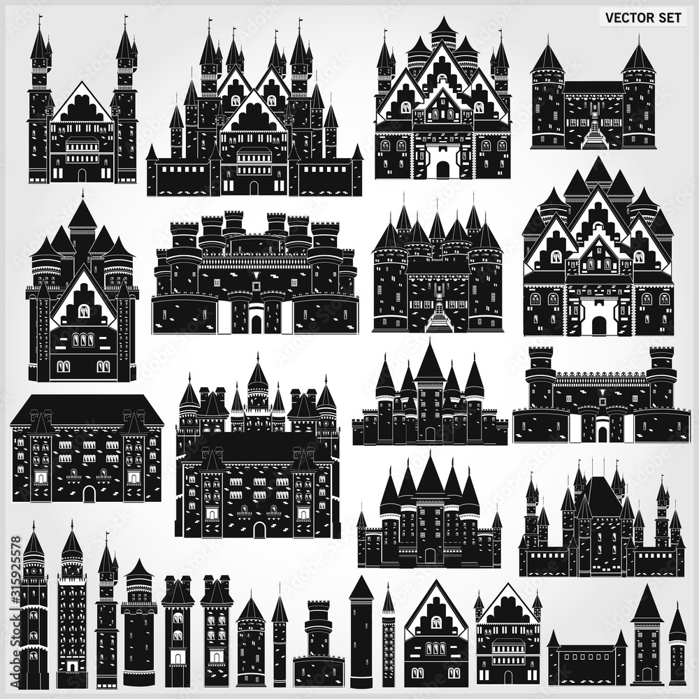 Vector set of castles and fortress in black and white. Vector towers.
