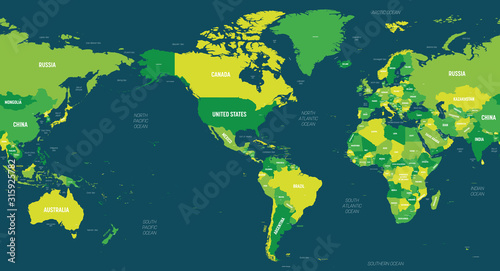World map - America centered. Green hue colored on dark background. High detailed political map of World with country, capital, ocean and sea names labeling