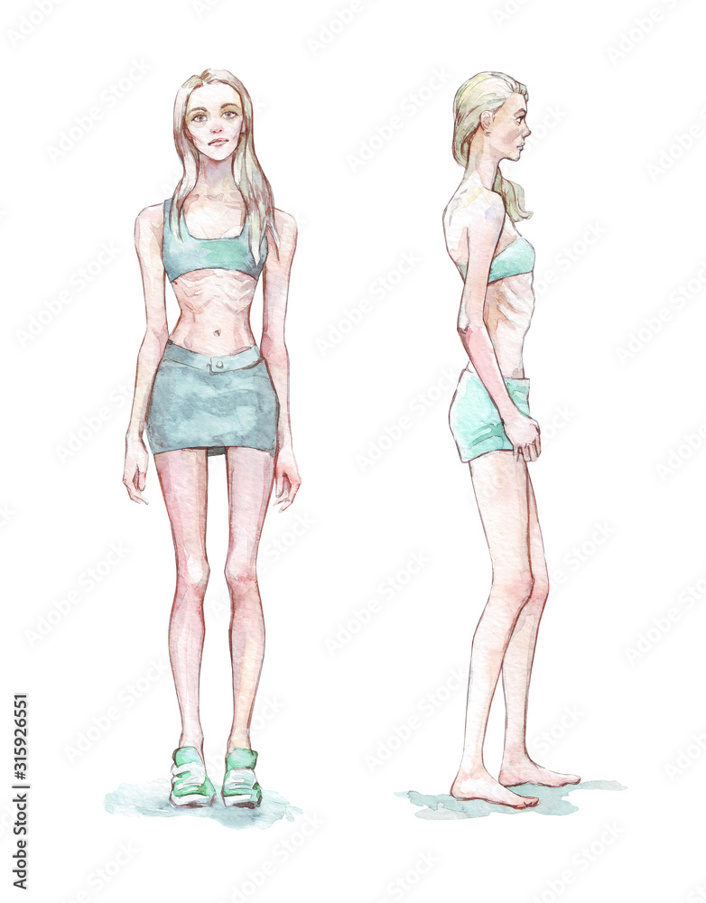 anorexic girl isolated on white