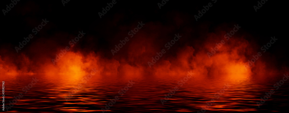 Panoramic view abstract smoke steam moves on black background texture . The concept of aromatherapy. Reflection on water. Stock illustration. Panoramic view abstract smoke steam moves on black background texture . The concept of aromatherapy. Reflection on water. Stock illustration.