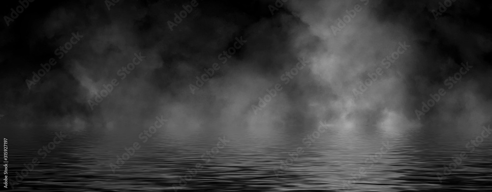 Fototapeta premium Panoramic view abstract smoke steam moves on black background texture . The concept of aromatherapy. Reflection on water. Stock illustration.
