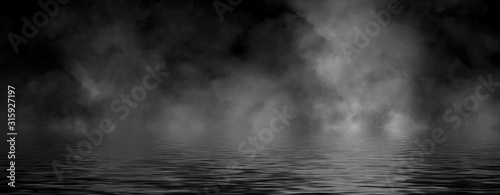 Panoramic view abstract smoke steam moves on black background texture . The concept of aromatherapy. Reflection on water. Stock illustration.