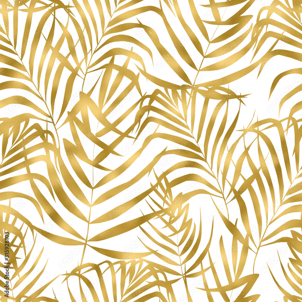 Beautiful watercolor seamless pattern with gold tropical leaves. - obrazy, fototapety, plakaty 