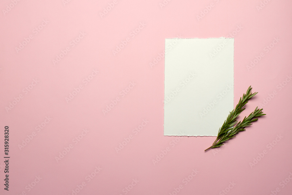 Minimalistic elegant templates for wedding invitations, birthdays. The view from the top. Card made of white paper, envelope, gold elements, sprigs of rosemary on the background - pink paper. Mock-up. Minimalistic elegant templates for wedding invitations, birthdays. The view from the top. Card made of white paper, envelope, gold elements, sprigs of rosemary on the background - pink paper. Mock-up.