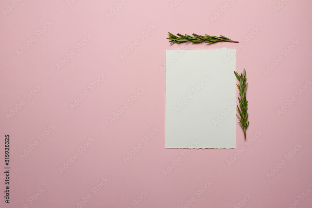 Minimalistic elegant templates for wedding invitations, birthdays. The view from the top. Card made of white paper, envelope, gold elements, sprigs of rosemary on the background - pink paper. Mock-up. Minimalistic elegant templates for wedding invitations, birthdays. The view from the top. Card made of white paper, envelope, gold elements, sprigs of rosemary on the background - pink paper. Mock-up.
