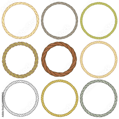 Set of round rope frame. Collection of thick and thin circles isolated on a white background. Rope circle wreaths for use as a decorative element, for a logo or emblem.  Vector