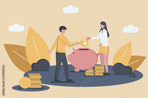 Businessman and Business Woman are Putting Golden Coin Into a Piggy Bank, for Teamwork or Investment Fund Concept Design. Flat style. Vector Illustration
